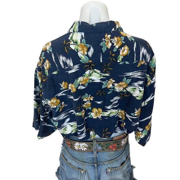 Hawaiian Shirt Button Down Crop Top One Size Boxy Coconutgirl Hibiscus Oversized - Picture 4 of 6